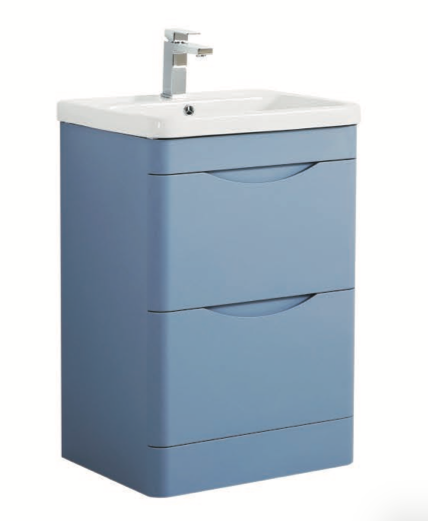 KDK 600mm Floor Curved Unit With Two Handleless Drawers 100% Waterproof Pvc Matt Blue